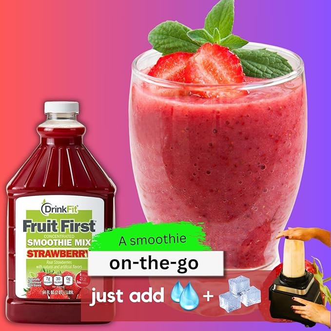 DrinkFit Fruit Smoothie | Real Fruit Puree Low Sugar Gluten-Free &amp Non-GMO Strawberry Smoothie Mix - Makes 32 Smoothies 64 Fl Oz (Strawberry)