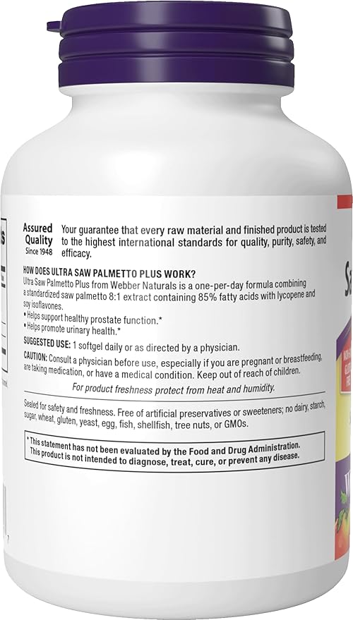 Webber Naturals Ultra Saw Palmetto Plus 320mg per Softgel Supports Healthy Prostate Function Herbal Health Supplement with Lycopene 100 Softgels Gluten Free