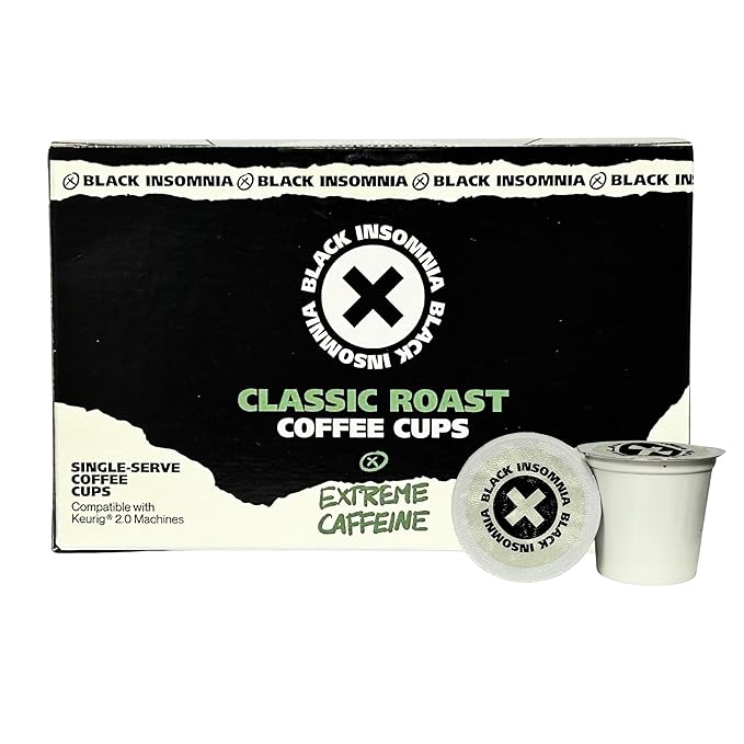 Black Insomnia Extreme Caffeine Coffee - World's Strongest Highly Caffeinated Coffee - Classic Roast Ground Bag &amp Single Serve Cups