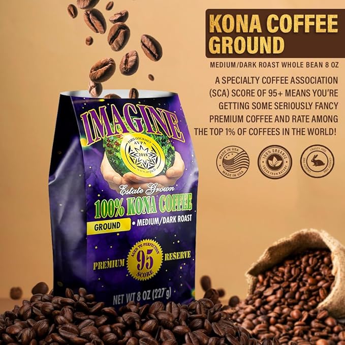 Imagine Kona Organic Coffee Beans | Arabica Kona Beans | Top Grade Air Roasted | Medium Dark Roast | Organic Whole Bean (Ground 8 ounce)