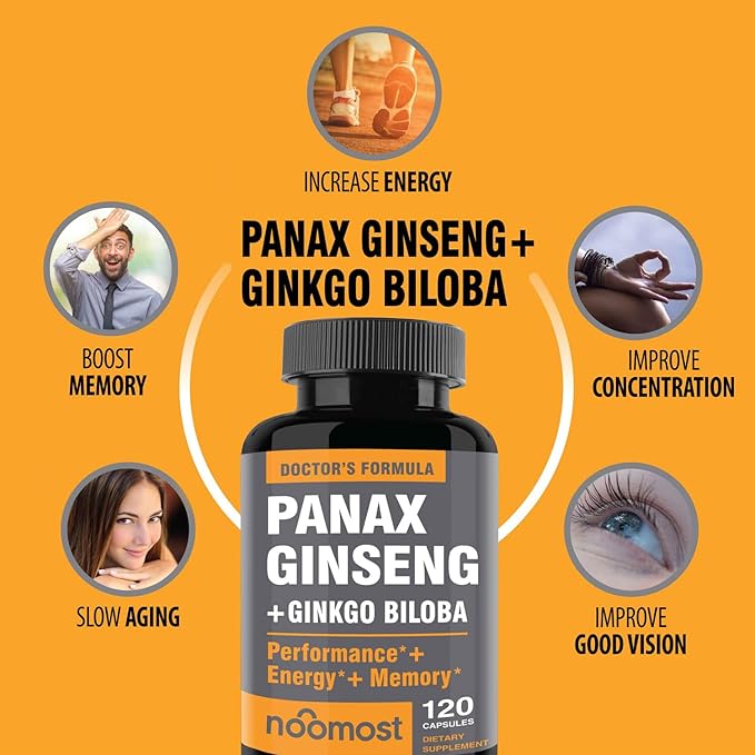 NooMost Authentic Korean Red Panax Ginseng + Ginkgo Biloba 120 Vegan Capsules Ginseng Root Extract Powder 1000mg (10% Ginsenosides) + Gingko Biloba 60mg Energy and Focus Pills for Men and Women