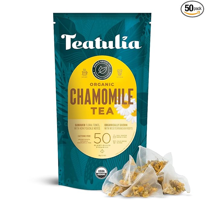 Teatulia Organic Chamomile Tea Bags (50 Pyramid Teabags) Raw Whole Leaf Flower. 100% Compostable And Sustainably Grown In Egypt. Caffeine Free Herbal Camille Tea - Calming Sleepytime Chamomile