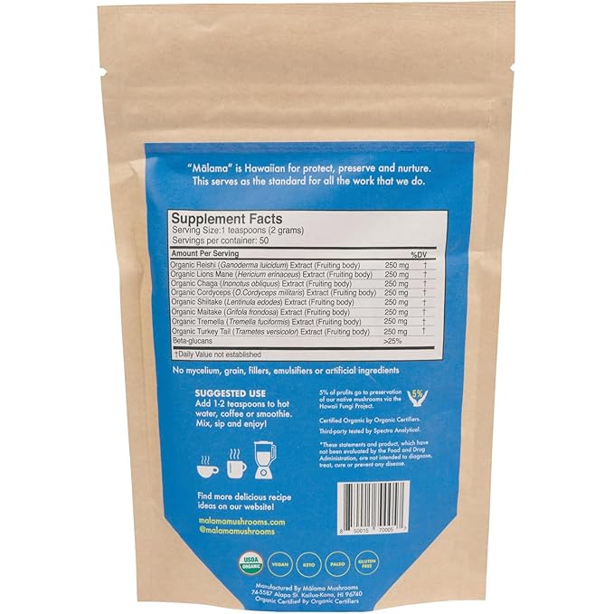 8-Mushroom Extract Powder by Malama Organic Body Mushroom Blend Featuring Lion's Mane Reishi Cordyceps Chaga Turkey Tail Superfood Adaptogenic