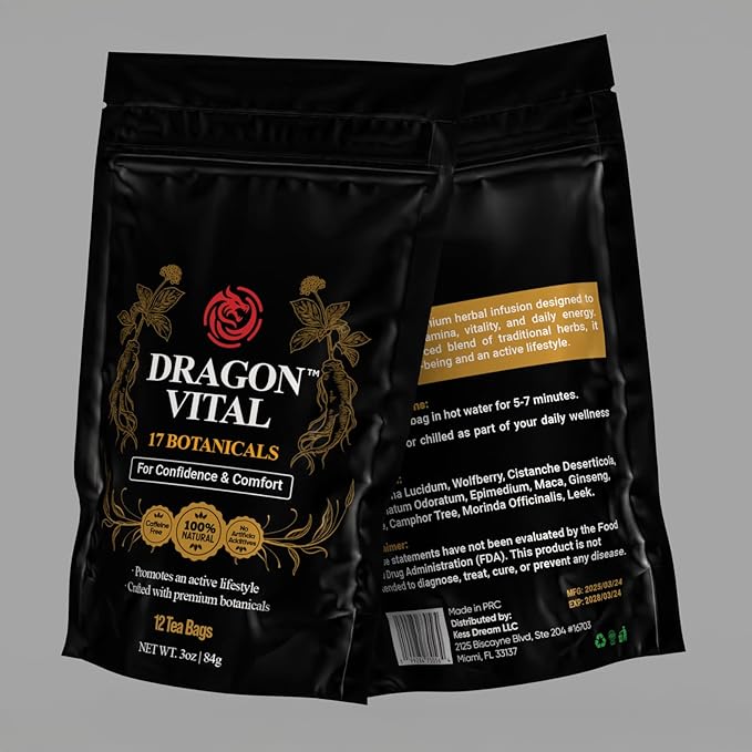 Dragon Vital Herbal Tea with Ginseng &amp Maca – Natural Energy Support | Caffeine-Free Botanical Blend for Vitality &amp Active Living | All natural - NON-GMO &amp No Preservatives |12 Tea Bags |