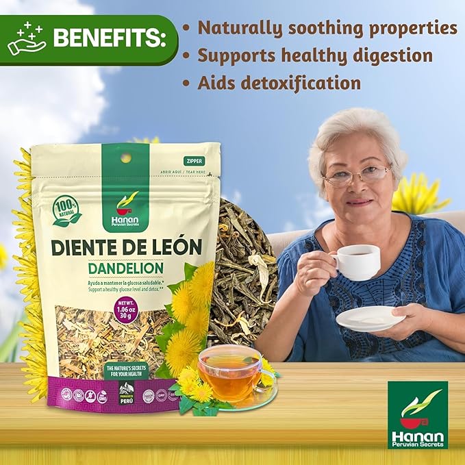 Hanan Dandelion Loose Herb Tea 3.2oz (90g Diente de Leon) - Pack of 3 Pouches with 30 Grams Each of All-Natural Dandelion Root Flower Plant Leaves from Peru