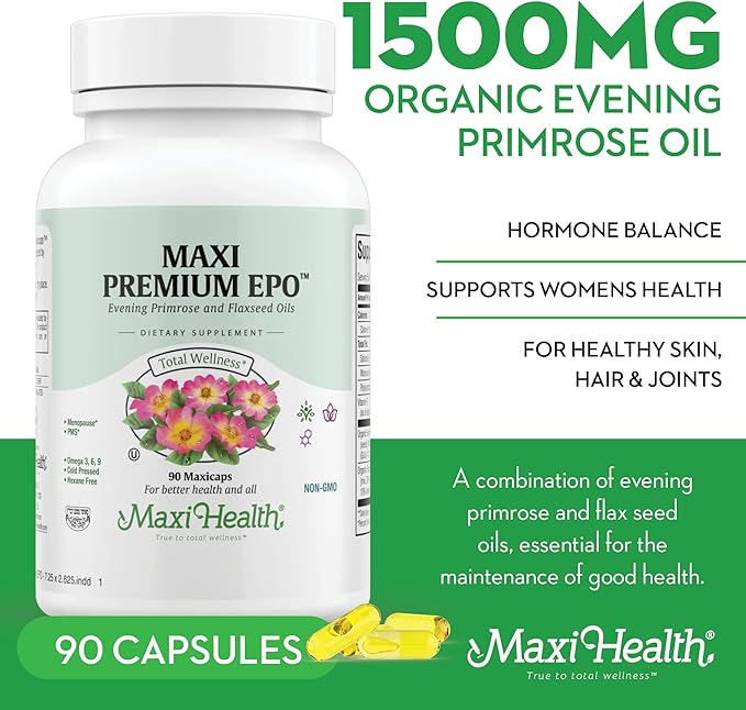 Maxi Health Women's Organic Evening Primrose Oil Capsules 1500mg - EPO Gamma Linolenic Acid Supplement - PMS &amp Hot Flashes Menopause Relief - GLA Hormonal Acne Supplements (90 Count)