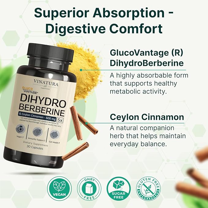 VINATURA Dihydroberberine Supplement with Ceylon Cinnamon 500mg - (Patented GlucoVantage Super Berberine) Maybe Berberine 5X More absorbable - 30 Capsules