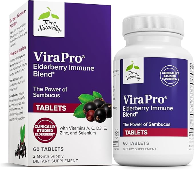 Terry Naturally ViraPro - 60 Tablets - Powerful Immune Support Supplement with Elderberry (Sambucus Nigra) Zinc Vitamin C D3 &amp A - Non-GMO Gluten-Free - 60 Servings