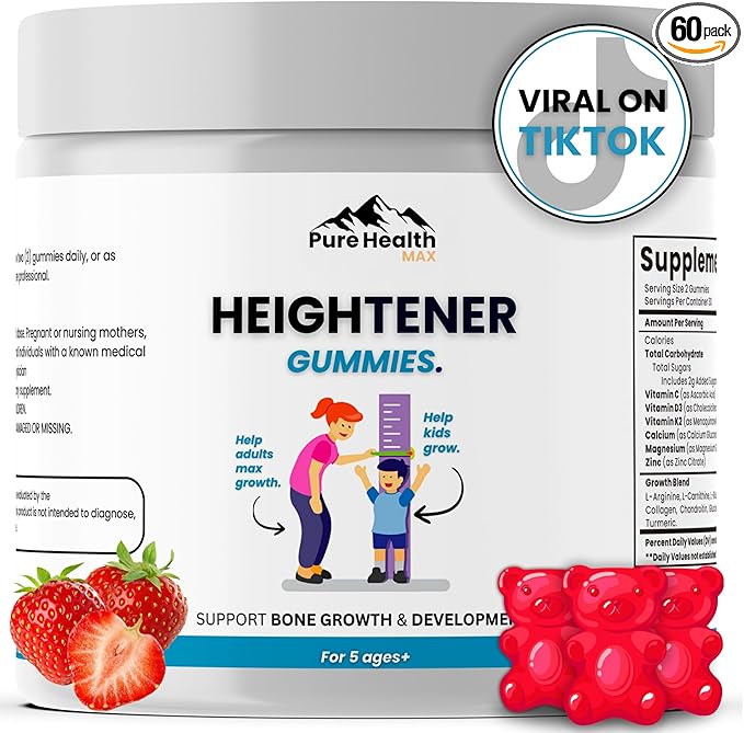 Heightener Gummies - Natural Height Growth Supplement for Kids Teens and Adults to Increase Bone Strength and Grow Tall | Height Maximizer Pills with L-Arginine Calcium &amp Zinc | 60 Gummy