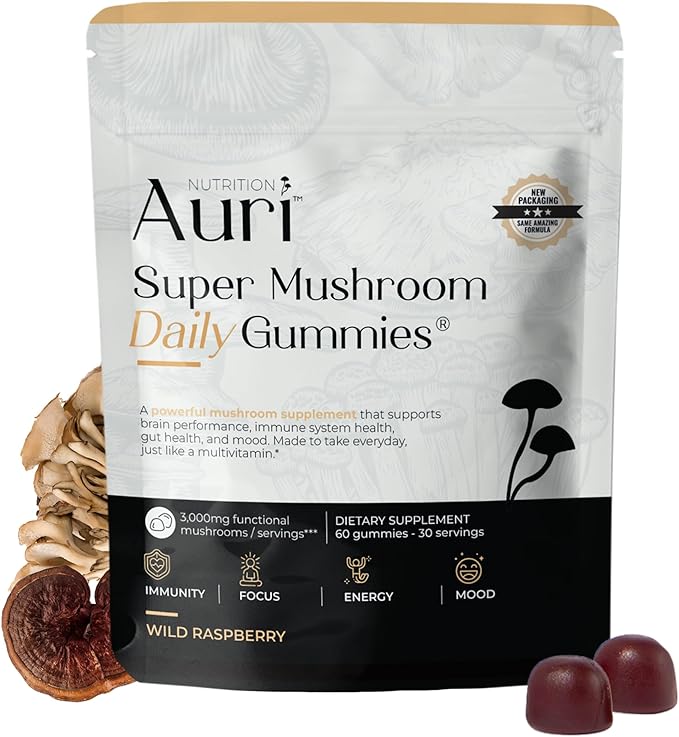 Auri Nutrition Super Mushroom Daily Gummies – All-in-One Functional Gummy with 12 Mushroom Blend Including Lion’s Mane Reishi Chaga &amp Cordyceps – 60 Gummies