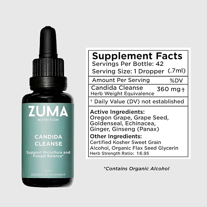 Zuma Nutrition Candida Support Tonic Vegan Herbal Liquid with Cloves Ginger Ginseng Echinacea &amp Grape Seed Extract Plant Based Water Soluble Supplement for Men &amp Women Non GMO 30 ML Bot