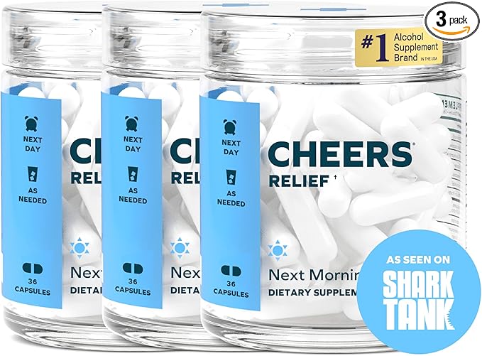 Cheers Relief | Next Morning Aid with Ginger + White Willow Bark | Feel Better After Drinking | 36 Doses | Ginger White Willow Bark L-Theanine Caffeine