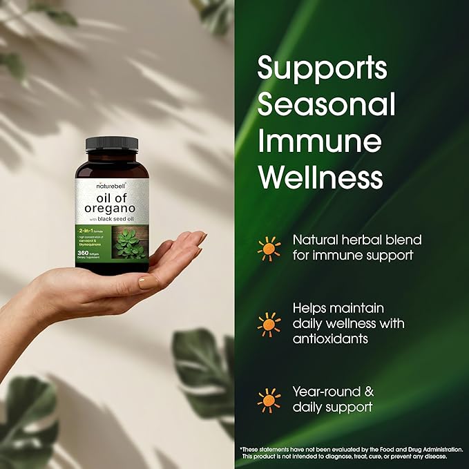 NatureBell Oil of Oregano with Black Seed Oil - 360 Softgels - 2-in-1 Herbal Complex for Immune Health* - Includes Carvacrol Thymoquinone &amp Extra Virgin Olive Oil - Non-GMO