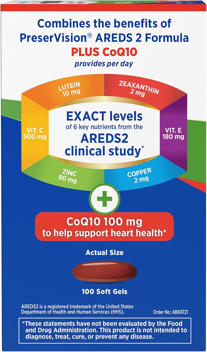 PreserVision AREDS 2 Eye Vitamins with CoQ10 for Heart Health#1 Eye Doctor Recommended BrandLutein and Zeaxanthin Supplement with Vitamin C &amp EZincand Copper100 Softgels(Pack of 2)