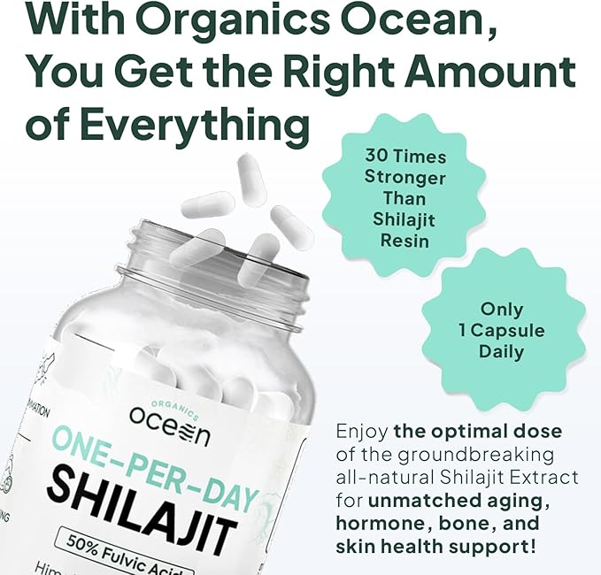 Organics Ocean One-Per-Day Shilajit for Men and Women - Natural Shilajit Supplement for Age-Defying Bone Strength Hormone Support and More - 30 Shilajit Capsules