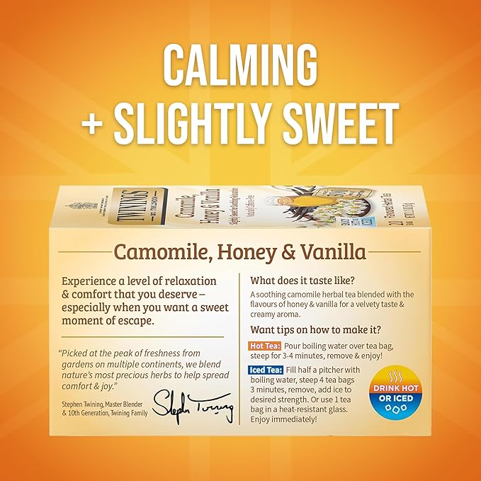 Twinings Camomile Honey &amp Vanilla Herbal Tea Individually Wrapped Bags 20 Count (Pack of 6) Naturally Caffeine-Free Enjoy Hot or Iced 120 Teabags