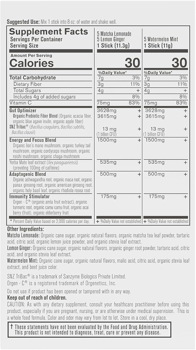 Organixx Clean Sourced Yerba Complex Yerba Mate Superblend Powder Drink Mix with Ashwagandha Natural Caffeine Pre &amp Probiotics &amp Fiber Dairy and Gluten Free Variety Pack 15 Travel Packe
