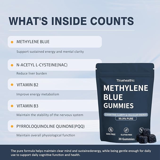 Truehealthic Methylene Blue Gummies 5mg of Methylene Blue Per Gummy for Sustained Energy Mental Clarity Lifted Mood 99.9% Pure 30 Gummies