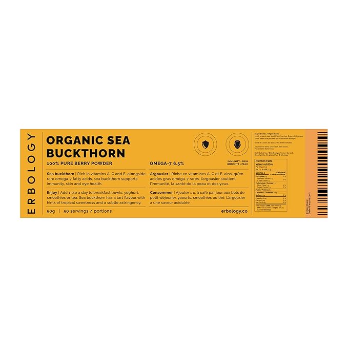 Erbology Organic Sea Buckthorn Powder 1.8 oz - 50 Servings - Skin Health and Immunity Support - Rich in Omega-7 (6.5%) Vitamin C and Vitamin A - Seeds Removed More Concentrated - Vegan - GMO-Free
