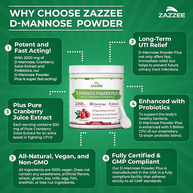 Zazzee D-Mannose Powder Plus 2000 mg 30 Servings Plus 5 Billion CFU Probiotics and Pure Cranberry Juice Extract Certified Kosher Free Scoop 2.98 oz Urinary Tract Support Non-GMO All-Natural