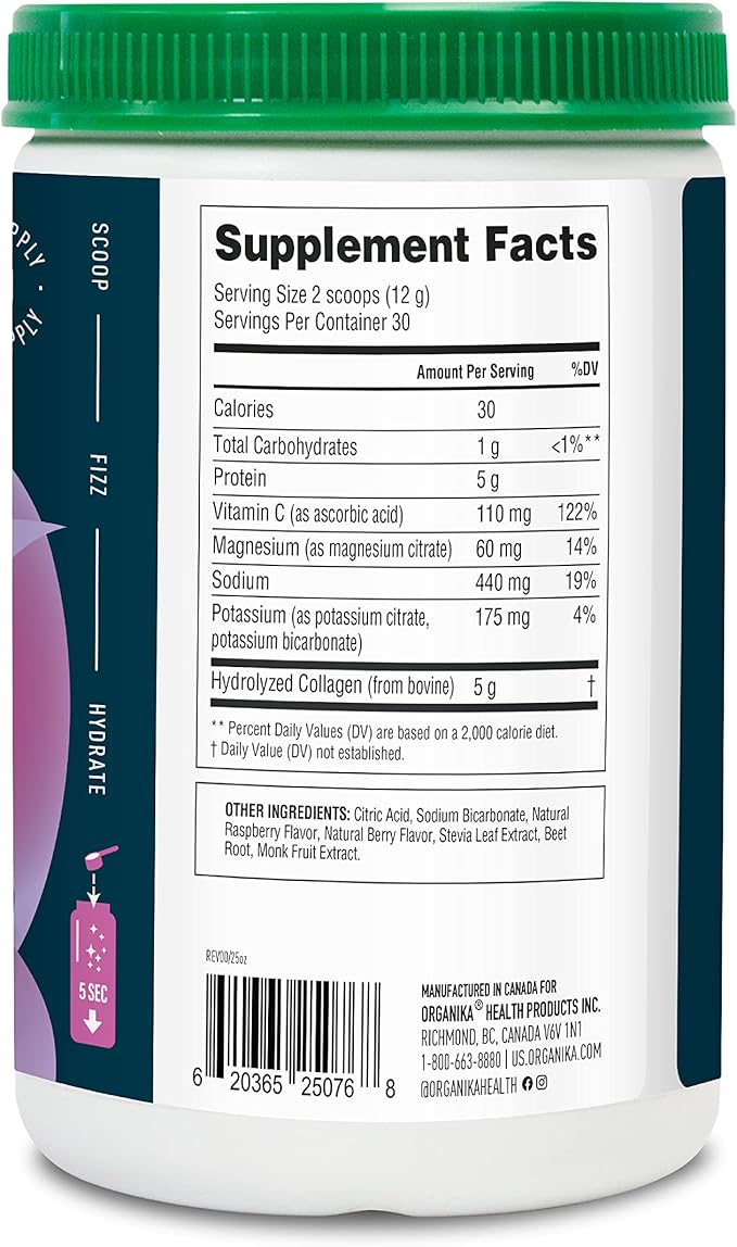 Organikа Electrolytes with Enhanced Collagen Powder for Women &amp Men - 13 oz - Wild Berry-Flavored Effervescent Electrolyte &amp Collagen Drink Mix - Deep Hydration Mobility Skin Hair &amp Na