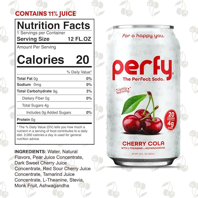 PERFY Caffeine Free Cherry Cola Soda | Made With Real Juice – Low Sugar Nootropic Drink with L-Theanine + Ashwagandha | Calming Adaptogen Mocktail | Keto | Sweetened with Stevia &amp Monk Fruit | 12-