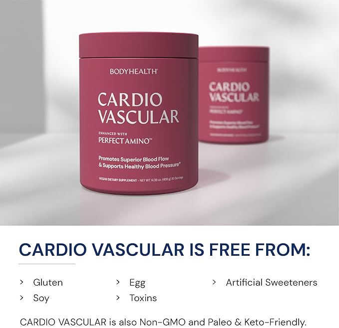 BodyHealth Cardio Vascular with PerfectAmino Blood Flow and Heart Health Supplement Support with CoQ10 Nicotinamide Riboside Resveratrol and D-Ribose Chocolate Flavor 30 Servings