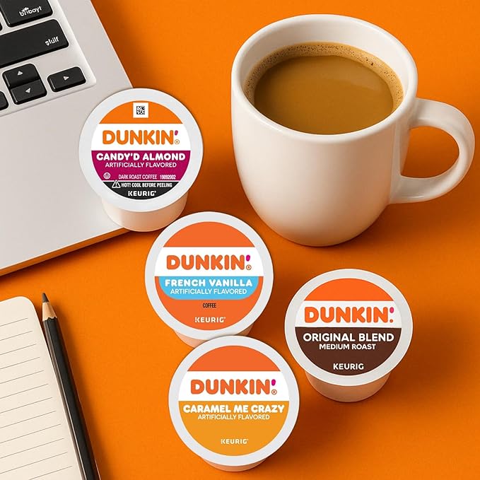 Dunkin K-Cup Variety Pack: 28 Keurig Coffee Pods 8 Flavors Medium &amp Dark Roasts Flavored K Cups - Hazelnut French Vanilla Caramel Turtle Love Coffee Kcups with Recipe eBook (28units 8 Flavo