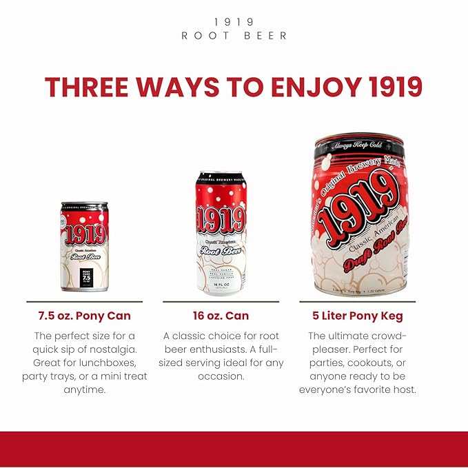 1919 Draft Root Beer Soda 5 Liter Pony Keg Caffeine-Free Real Sugar and Real Vanilla Small Batch Creamy Full Bodied Family-Founded Birthday Parties Sporting Events Made in USA