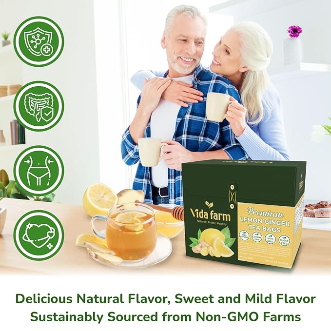 VIDA FARM 100 Lemon Ginger Tea Bags 100% Natural Ingredients - Warming &amp Spicy Blend Caffeine Free Sugar Free Non-GMO Lemon &amp Ginger Herbal Tea Beverage