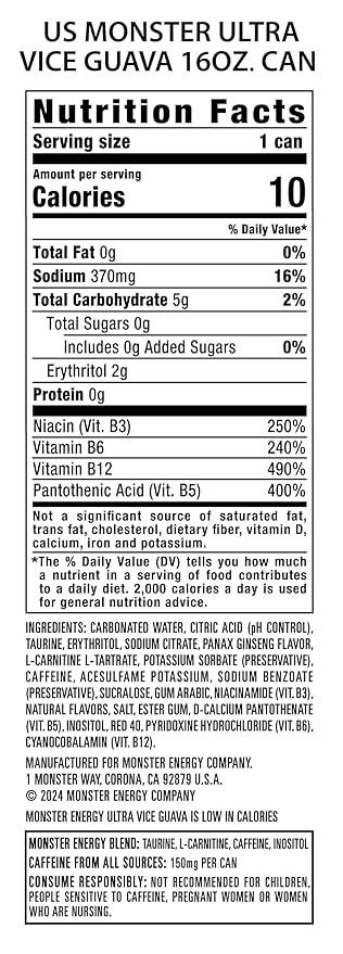 Monster Energy Ultra Vice Guava Sugar Free Energy Drink 16 Ounce (Pack of 15) | Pack of 15