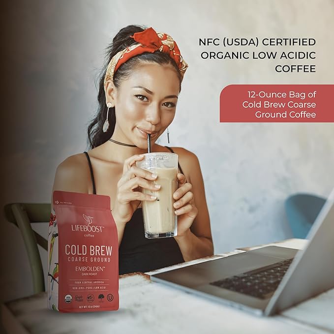 Lifeboost Dark Cold Brew Coffee - Single Origin Non-GMO USDA Organic Low Acid Coarse Ground Coffee for Cold Brew - 3rd Party Tested For Mycotoxins &amp Pesticides - 12 Ounces