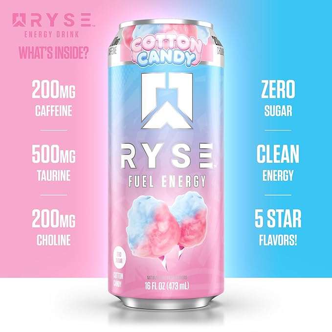 RYSE Fuel Energy Drink - Cotton Candy - Sugar Free Gluten Free &amp Vegan - 200mg Natural Caffeine Taurine &amp Choline for Focus &amp Energy - No Artificial Colors - 16 fl oz Cans (12-Pack)