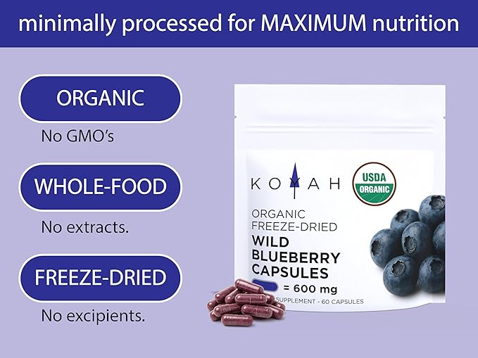 KOYAH - Organic Wild Blueberry Capsules – We Strive to Make the Least Processed Capsules on Earth. Freeze-Dried Whole Fruit – Lowbush Variety (Vaccinium angustifolium) - 600 mg - 60 Capsules