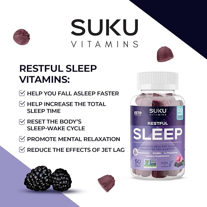 SUKU Restful Sleep Gummies – 3 mg Melatonin L-Theanine &amp GABA – Vegan Sugar-Free Chewable for Relaxation &amp Natural Sleep Support – BlackBerry-Hibiscus Flavor – Non-GMO Gluten-Free – 50 Coun