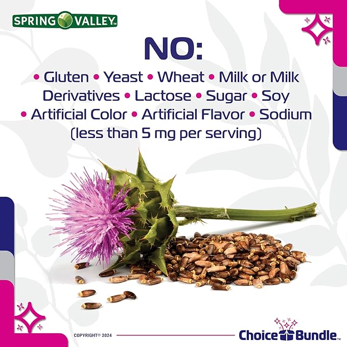 CHOICE BUNDLE Spring Valley Standardized Extract Milk Thistle Dietary Supplement Capsules 175 mg 180 Ct 4 pk (720 Total) + Vitamin Guide and Pill Container (6 Items)!