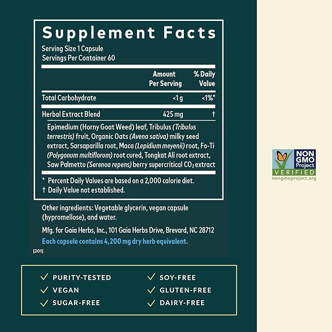 Gaia Herbs Male Libido - Herbal Supplement with Saw Palmetto Horny Goat Weed &amp Oats - Traditional Herbs to Support Vitality &amp Energy Levels for Men* - 60 Vegan Liquid Phyto-Capsules (60 Servi