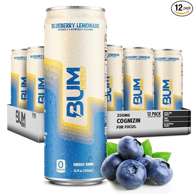 BUM Sugar-Free Energy Drink Blueberry Lemonade - Lightly Carbonated &amp No Artificial Colors Natural Caffeine &amp Citicoline for Energy &amp Focus Brain Boost &amp Workout Sports Beverage - 1