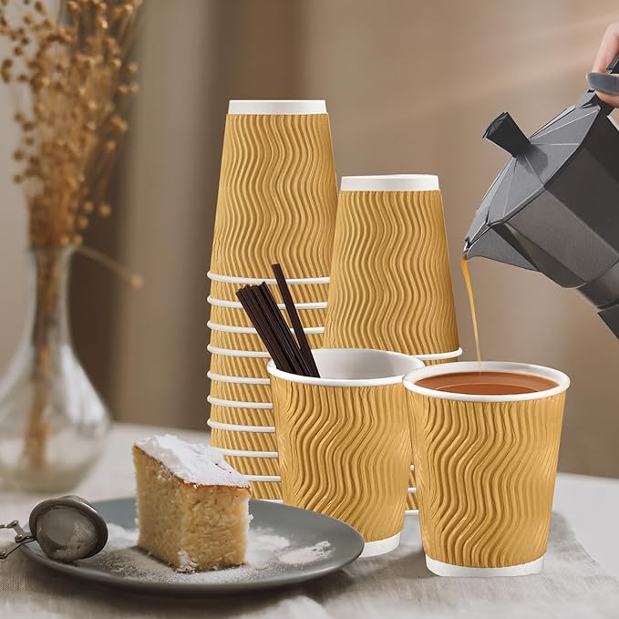 SIUQ 90 Pack - 8 oz Disposable Coffee Cups with Lids and StrawsTo go Coffee CupsInsulated Corrugated Paper CupsKraft Ripple Wall Cups for Hot Beverage or Cold Drinks -Champagne