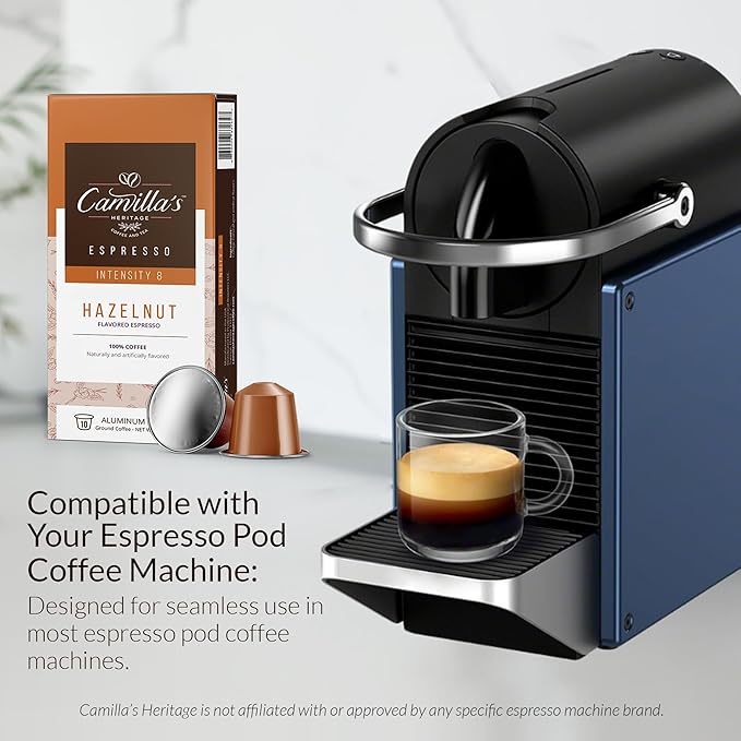 Camilla’s Heritage - Intensity 8 Hazelnut Flavored Espresso Coffee Gourmet Espresso Cups 60 Coffee Pods