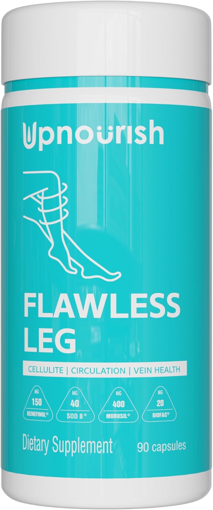 UpNourish Cellulite Vein Health Supplement with Caviar Collagen SOD DIMPLESS MOROSIL Butchers Broom Horse Chestnut Leg Wellness and Circulation Support 90ct