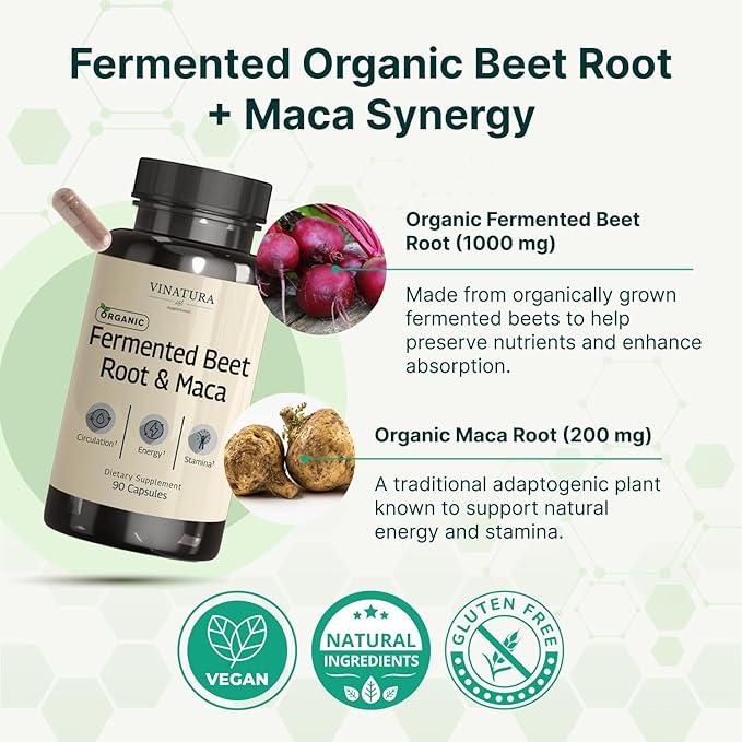 VINATURA Organic Fermented Beet Root with Maca 1200MG - USA Made and Tested 90 Capsules