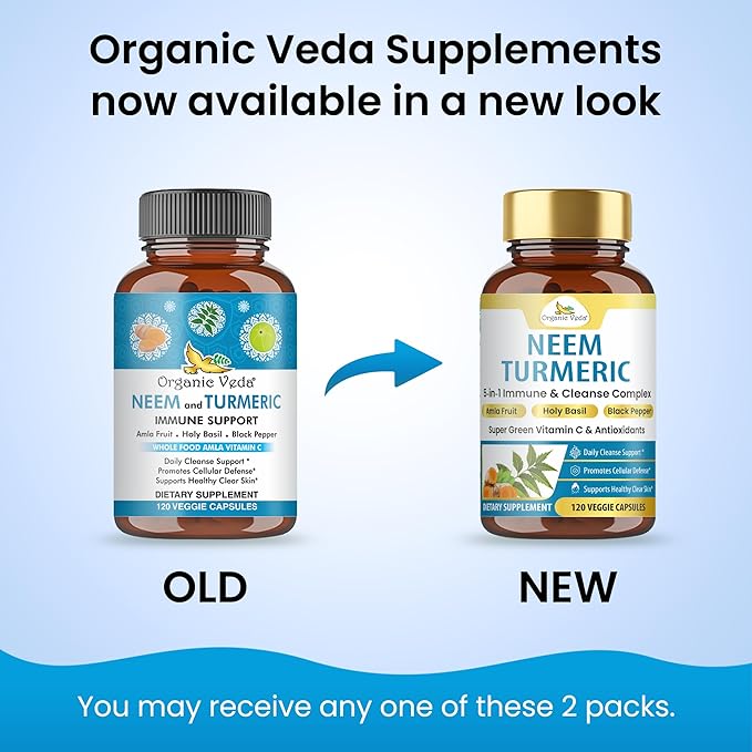 Organic Veda Neem Turmeric Capsules - 5 in 1 Herbal Complex with Amla Fruit Holy Basil Black Pepper - Immune Cleanse Skin &amp Gut Health Supplement with Vitamin C &amp Antioxidants 120 Vegan Ca