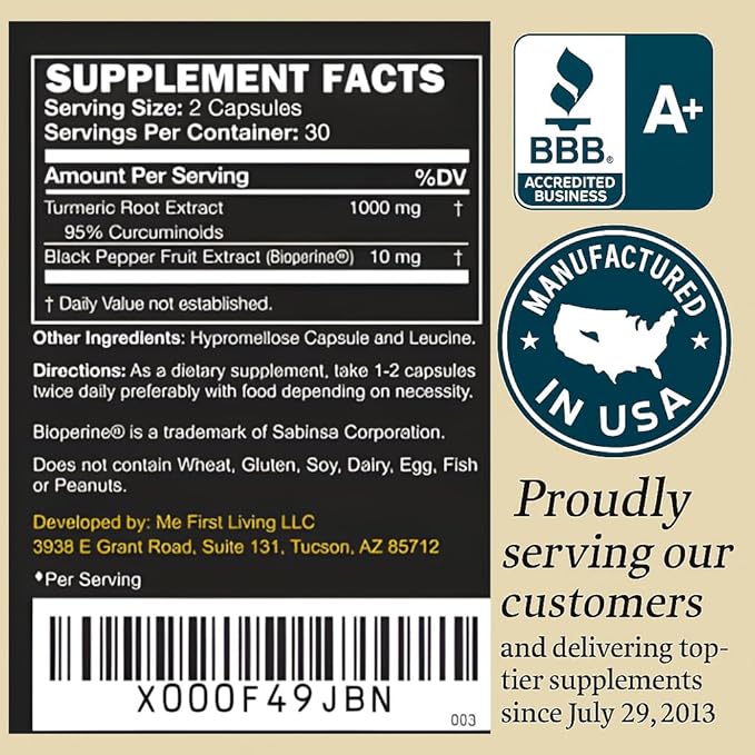 Me First Living Turmeric Curcumin 1000 mg 95% Curcuminoids Bioperine 10 mg 19x More Potent Than Others Increased Absorption Non-GMO Organic Turmeric Vegan Gluten Free 60 Capsules
