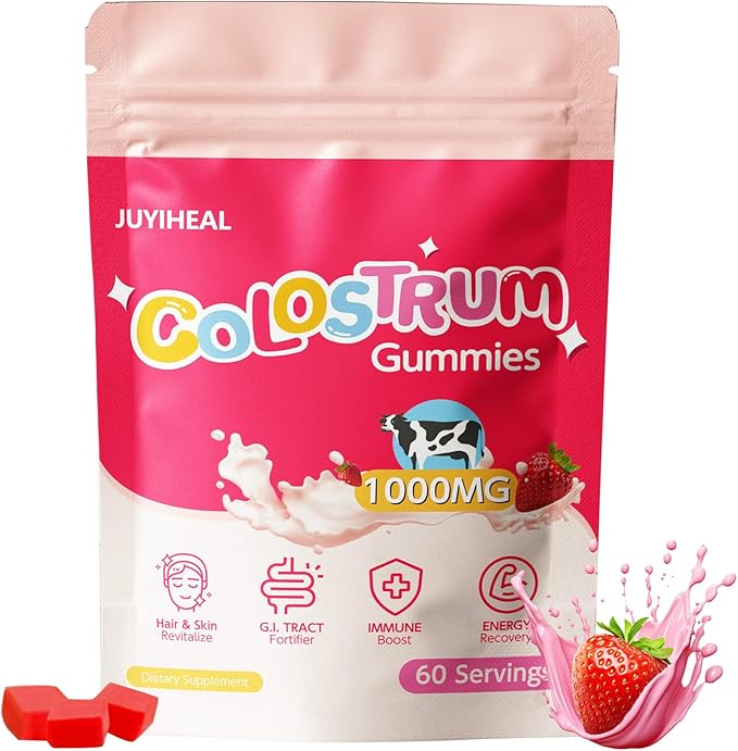 Colostrum Gummies 1g Per Seving Grass Fed Colostrum Chews Colostrum Supplement for Gut Health Hair Growth Beauty and Immune Support Strawberry Flavor 60 Servings