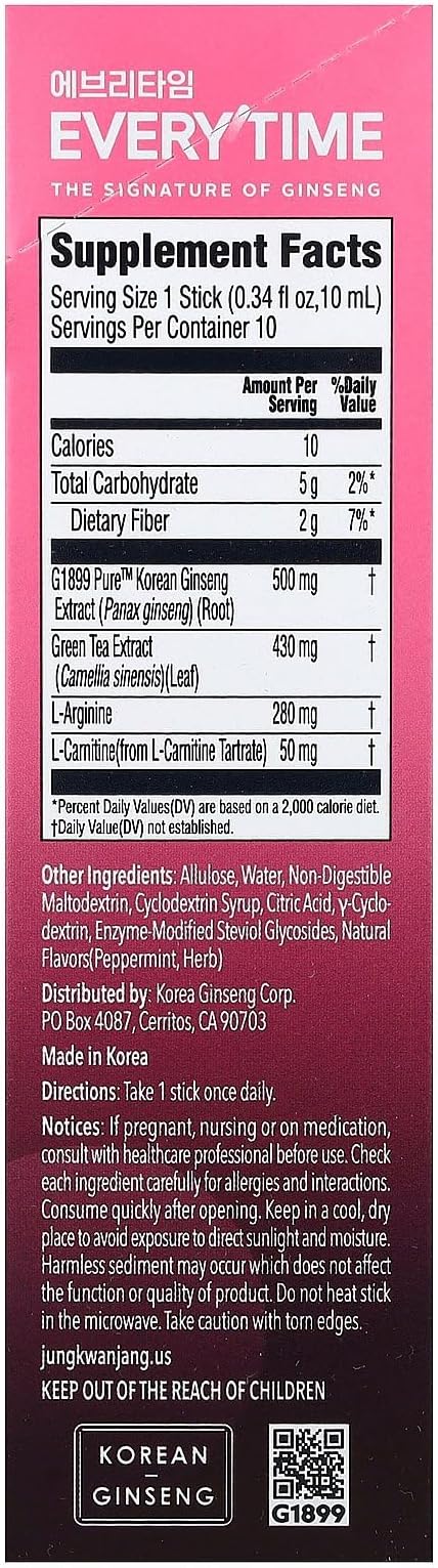 Everytime CaloTrim - Intra Workout Herbal Energy Drink Packets with Korean Red Ginseng Green Tea &amp L-Carnitine Tartrate - Non GMO (0.33 fl oz 10 Sticks)