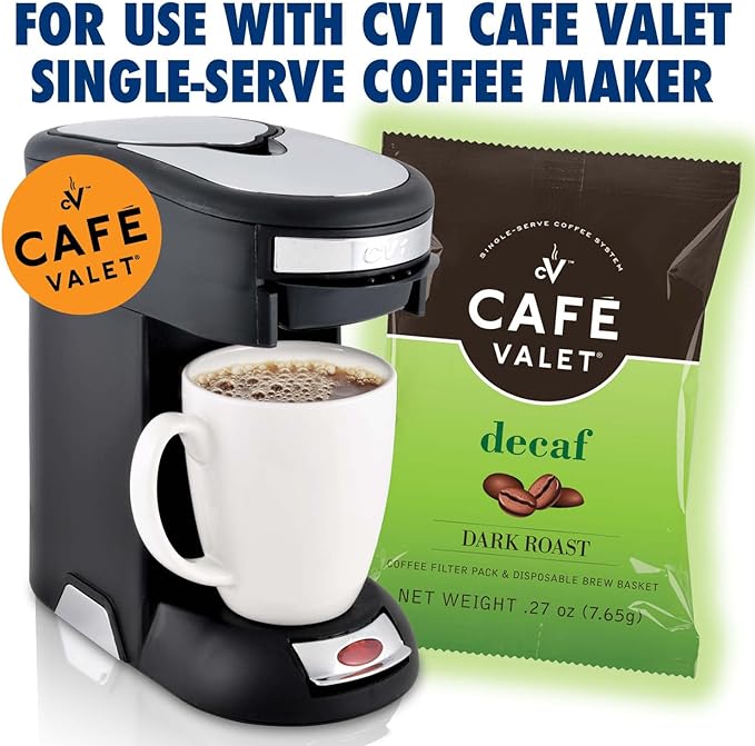 Café Valet DECAF Dark Roast Single Serve Coffee Packets – 84 Count – For Use with Café Valet Single Serve Cofee Makers – Disposable Brew Basket &amp Cofee Pack