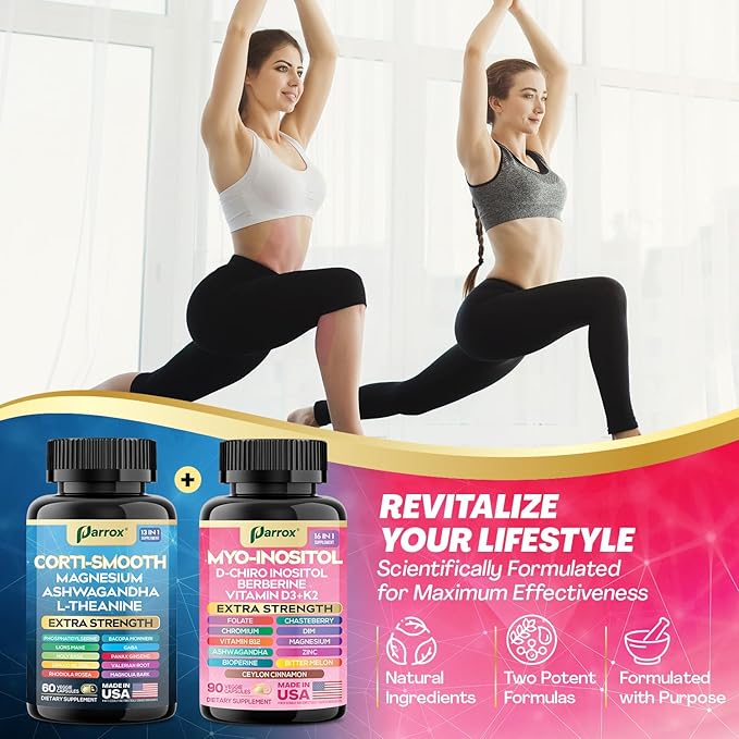 Cortisol &amp Myo-Inositol Supplement Bundle Soothe &amp Smooth Bundle Cortisol Balance GABA Magnesium Ashwagandha L-Theanine D-Chiro Inositol Folate Berberine Chasteberry Zinc (3 Pack)