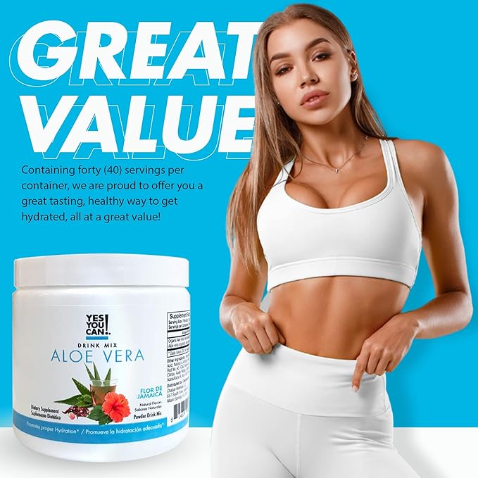 Yes You Can! Aloe Vera Powder Drink Mix - Hydration Booster Infused with Pure Organic Aloe Vera Extract - Delicious Flavors - Made in USA - Antioxidant Rich - Hibiscus Flavor - 40 Servings Per Caniste