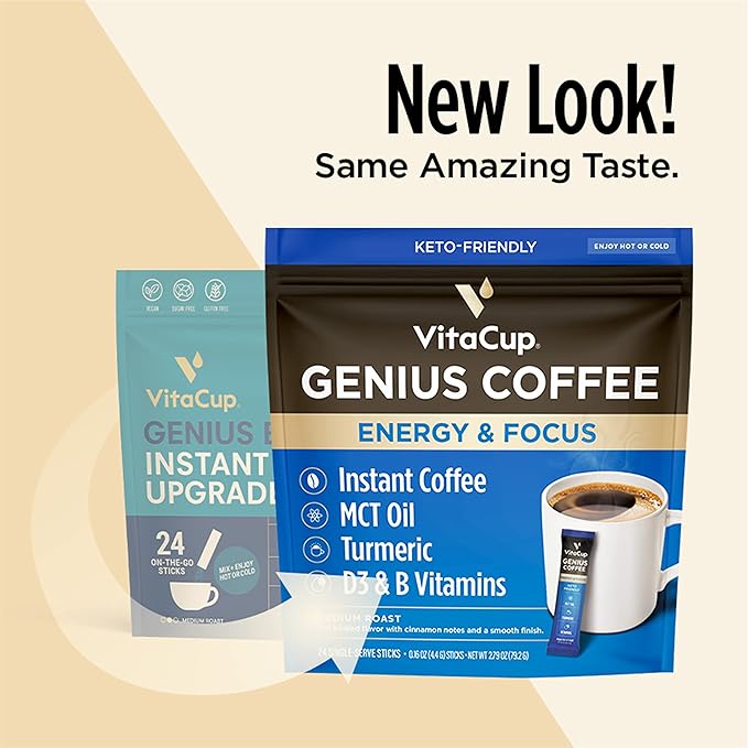 VitaCup Genius Instant Coffee Packets Increase Energy &amp Focus Keto Coffee Serve Hot or Cold Brew MCT Oil Turmeric B Vitamins D3 Bold &amp Smooth100% Arabica Coffee in Single Serve Sticks